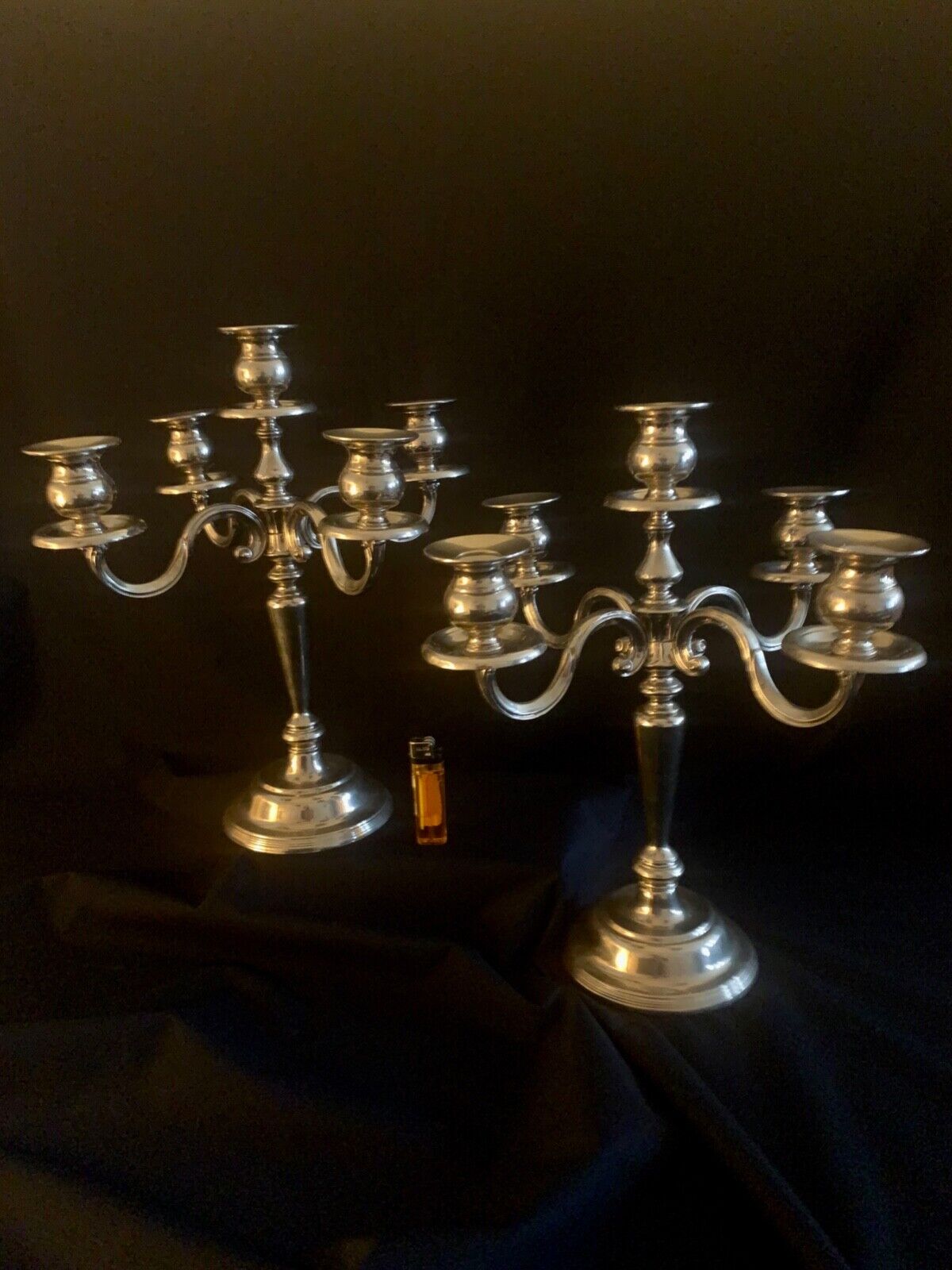 2 candlesticks, candelabras, silver metal, 5 flames, 37 cm
