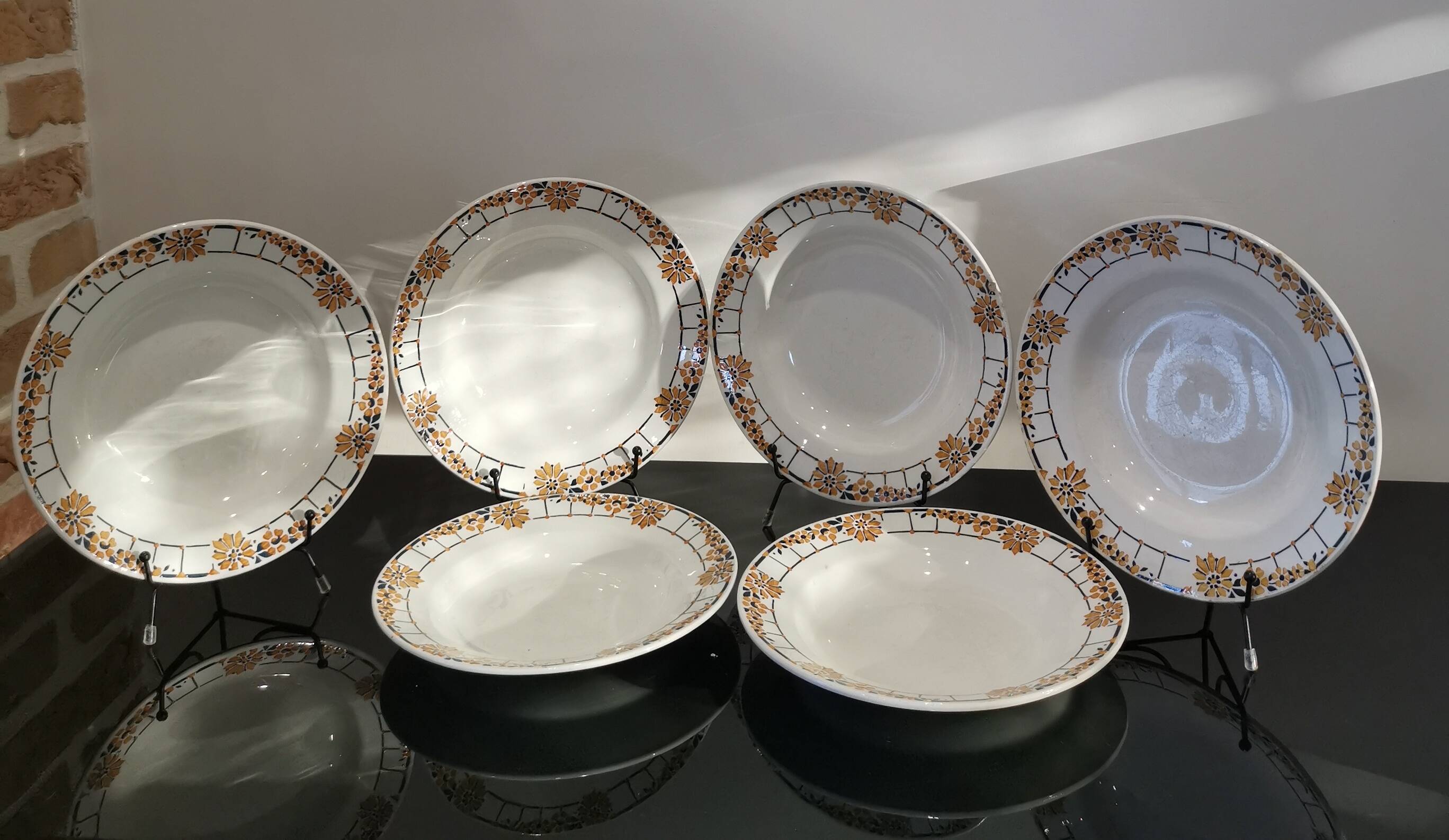 Series of 6 Saint Amand Ceranord soup plates, ocher and green pattern France