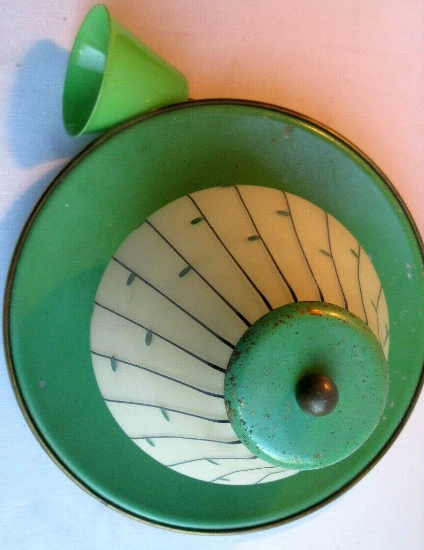 Green sheet metal and globe glass hanging lamp