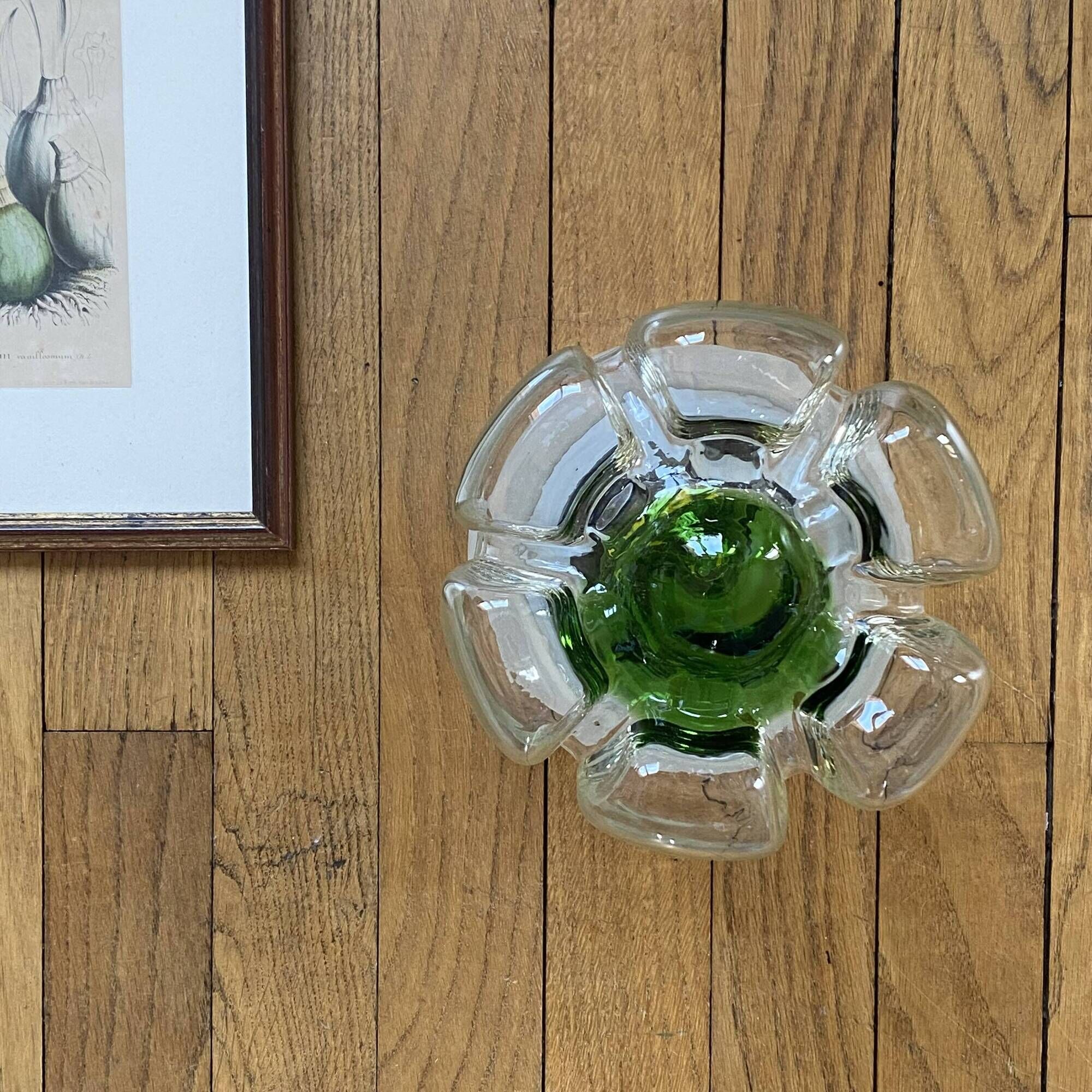 Vintage ceiling light Murano glass Mazzega green flower and stainless steel