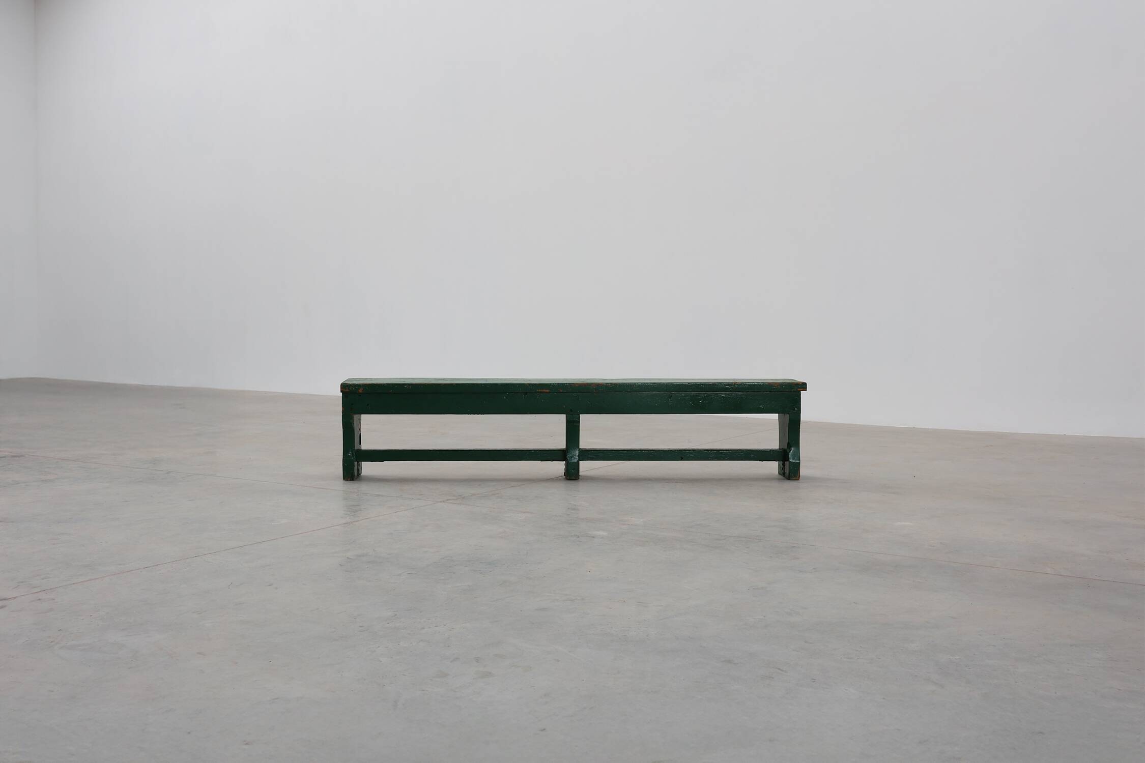 Rustic primitive green farmhouse bench in solid oak, France ca. 1900