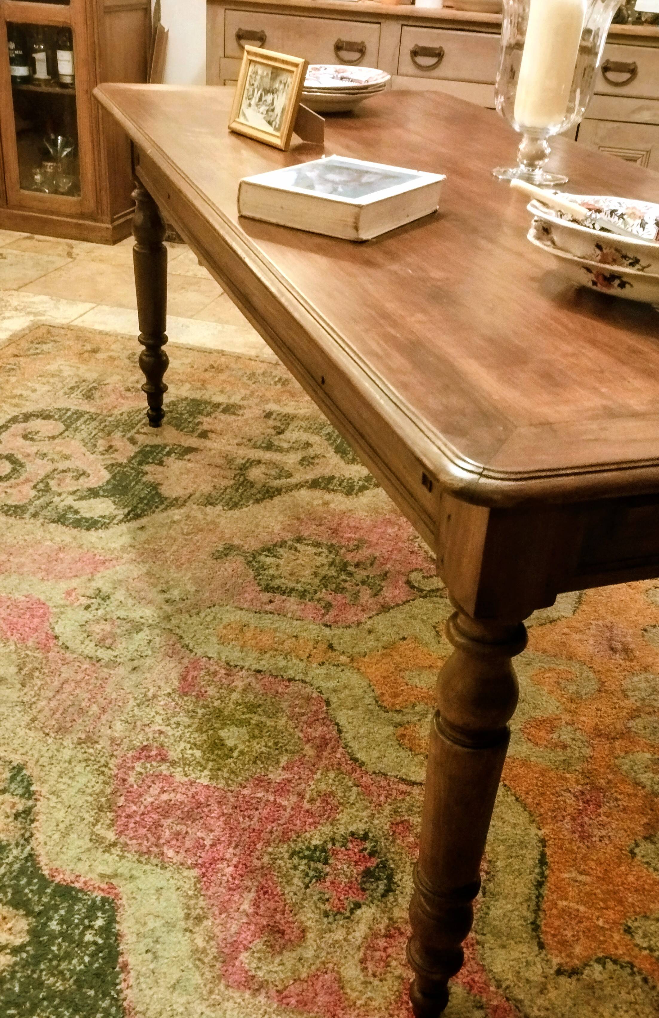 Old French farmhouse table in walnut, turned legs, waxed finish