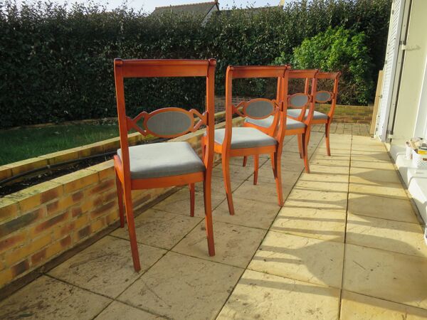 Rare- Lot de 4 chaises style Louis Philippe/restauration avec médaillon - Coloris bleu / merisier