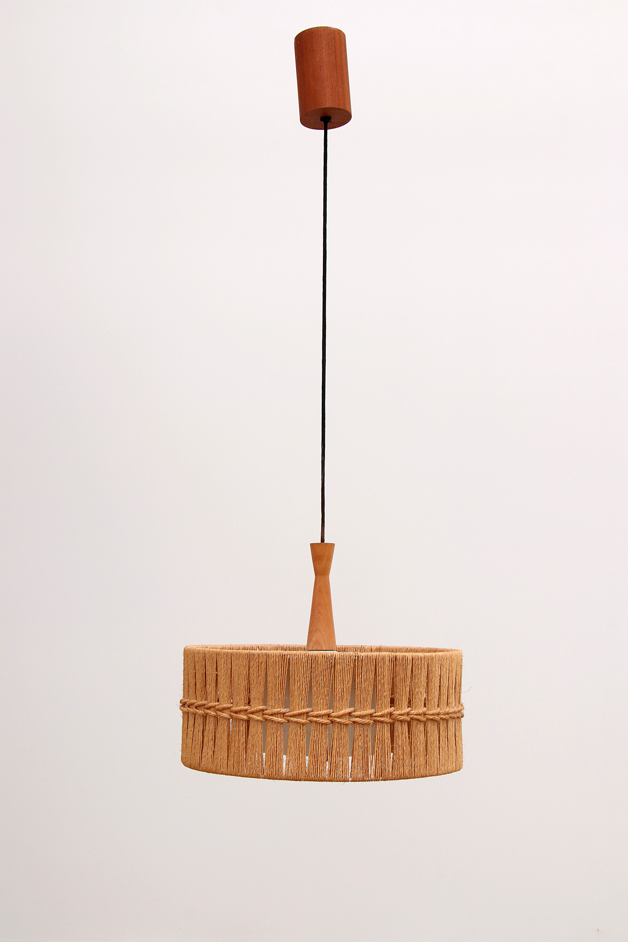 Vintage Temde Hanging Lamp with Teak and Raffia 1960s Germany.