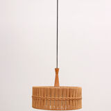 Vintage Temde Hanging Lamp with Teak and Raffia 1960s Germany.