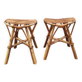Pair of bohemian chic rattan and bamboo stools from the 1960s.