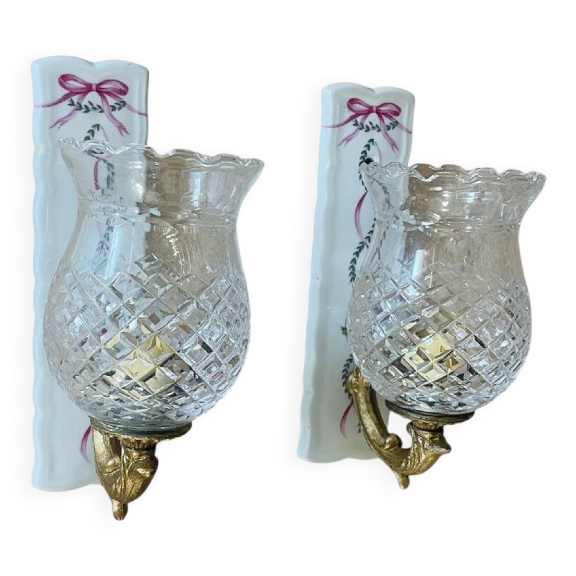 Pair of cut glass and Limoges porcelain wall sconces