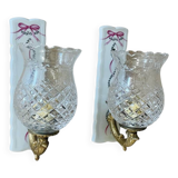 Pair of cut glass and Limoges porcelain wall sconces