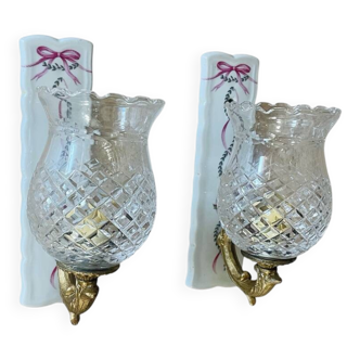 Pair of cut glass and Limoges porcelain wall sconces