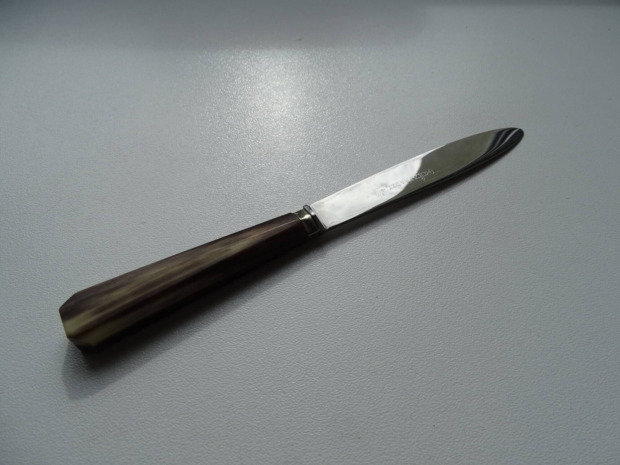 12 vintage Pradel cheese knives horn and stainless steel handles in case