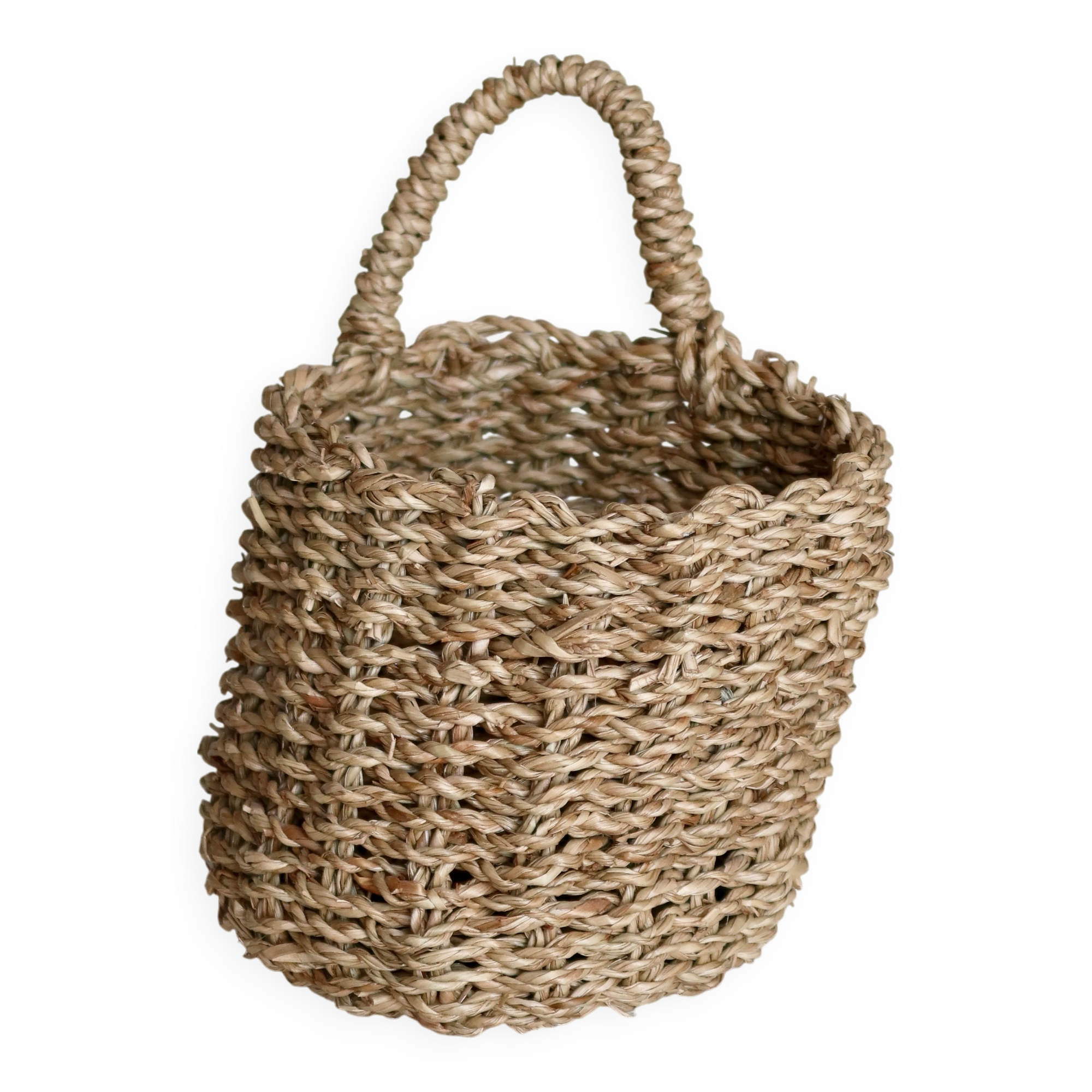 Small vintage woven fiber wall basket with handle