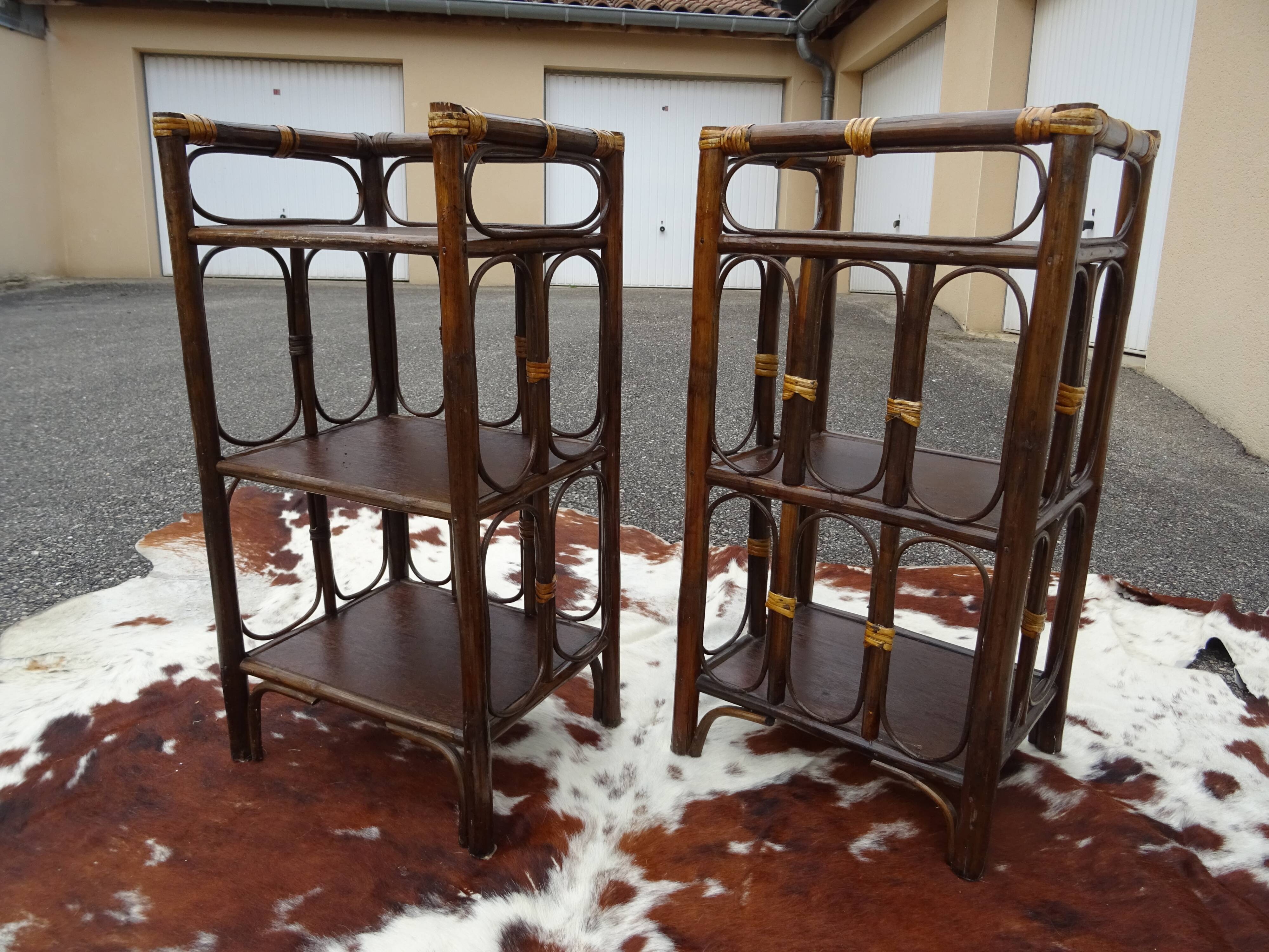 Pair of side tables bedside rattan and vintage bamboo