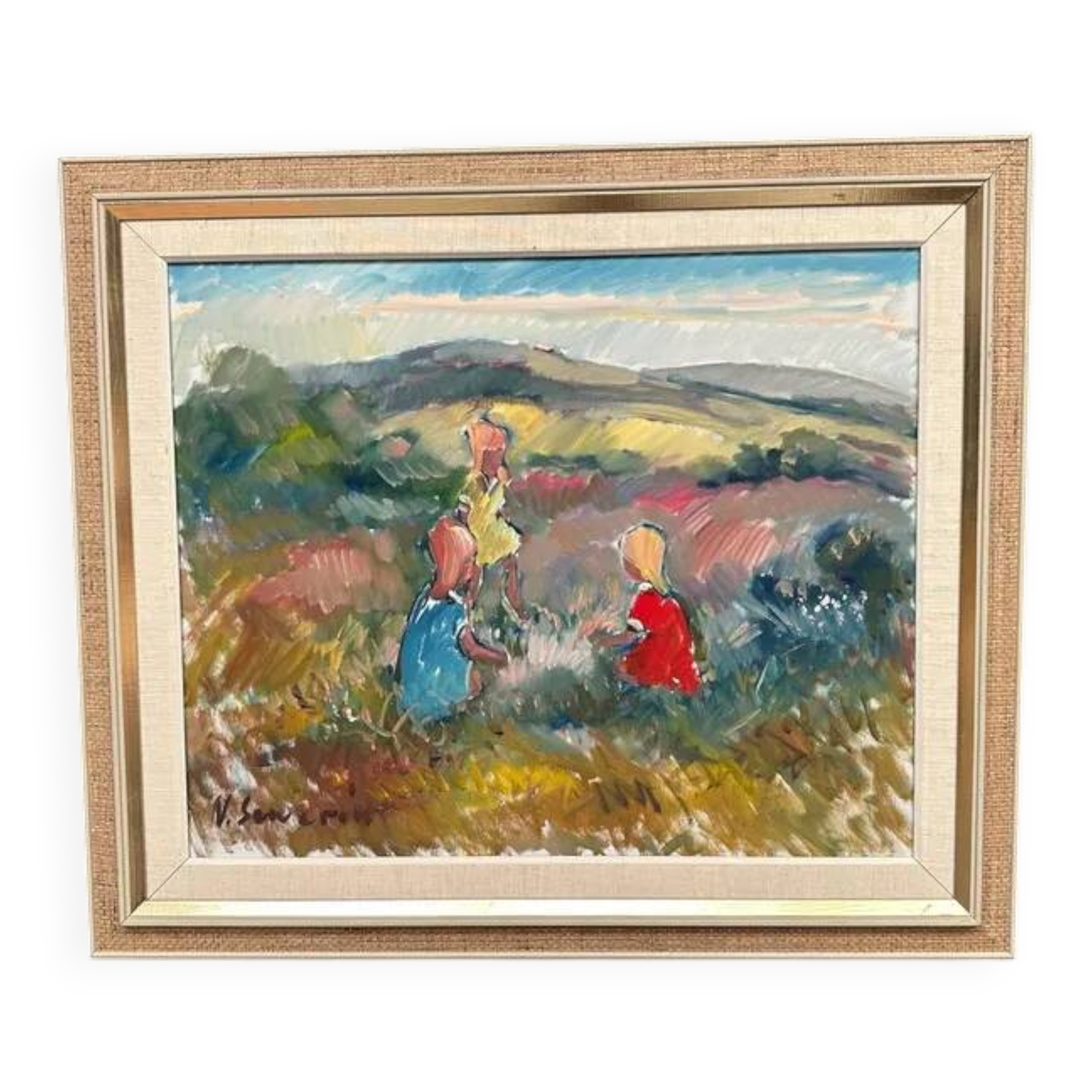 Original Swedish Oil on Canvas - "Children Playing" by Nils Sewerin (1920-1985) - Signed - Vintage and Framed - 77 × 66 cm (30.3" × 26")