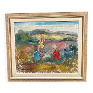 Original Swedish Oil on Canvas - "Children Playing" by Nils Sewerin (1920-1985) - Signed - Vintage and Framed - 77 × 66 cm (30.3" × 26")