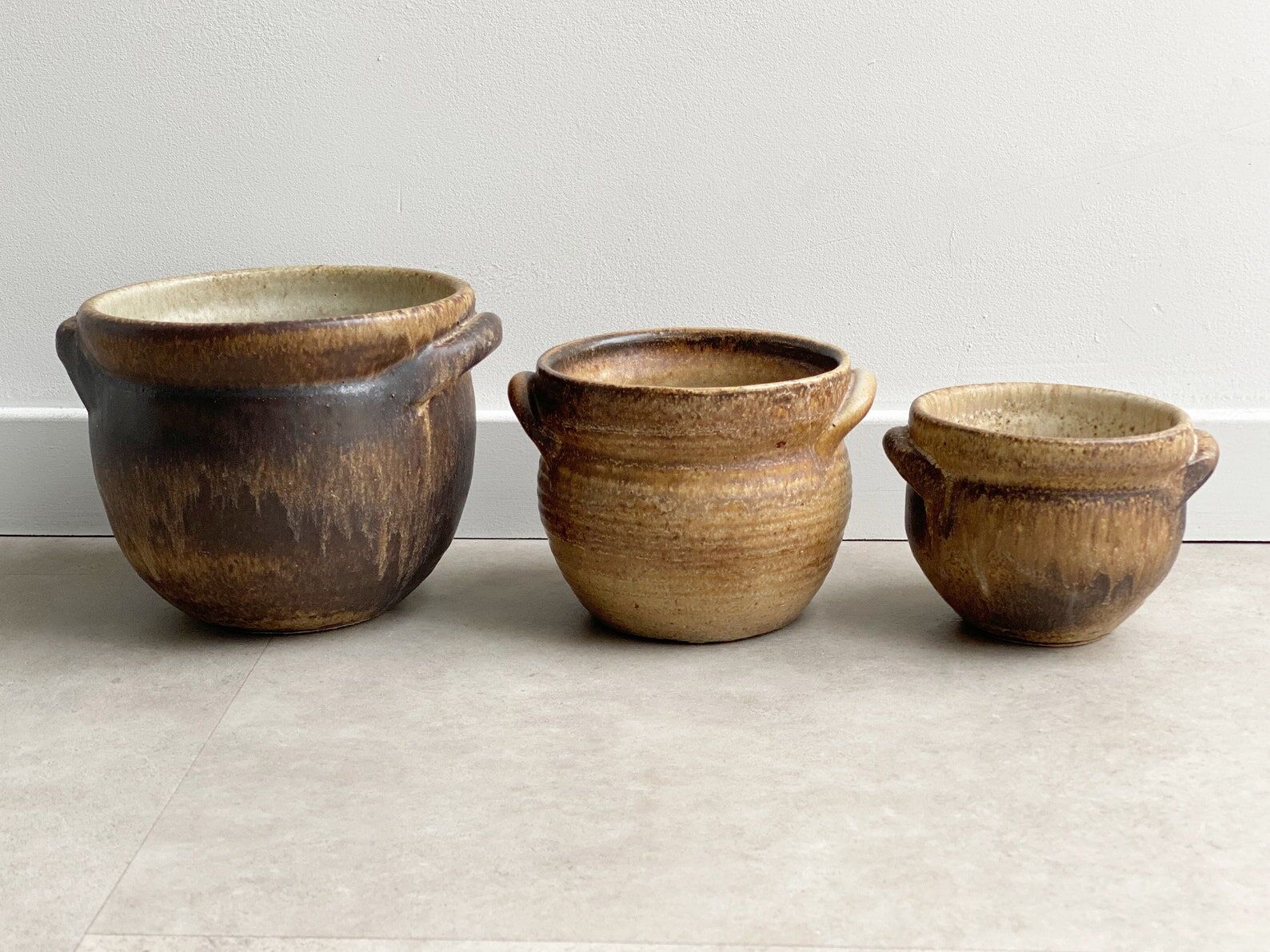 Set of 3 mid century brown ceramic planters
