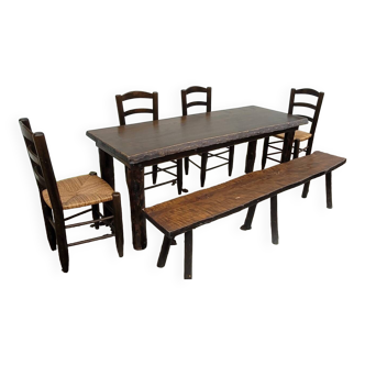 Set of table, bench and 4 country chairs, rustic brutalist chalet, 1950s