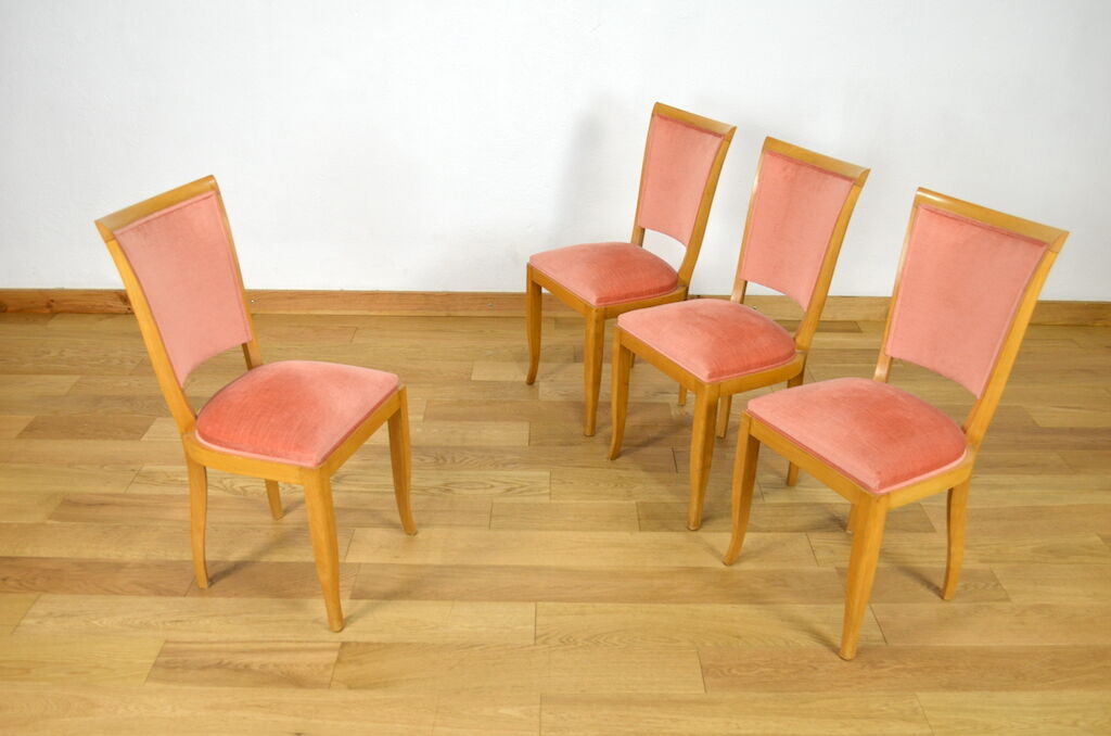 4 chaises hêtre & velours vintage 1950