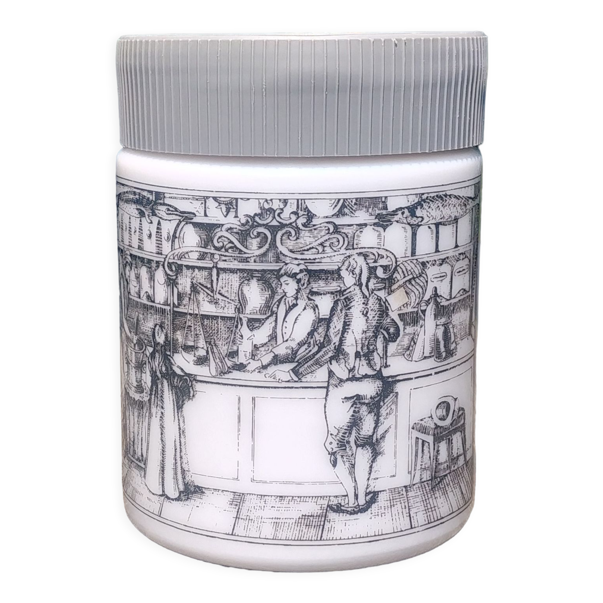 Antique pot in white opaline decorated with apothecary scene