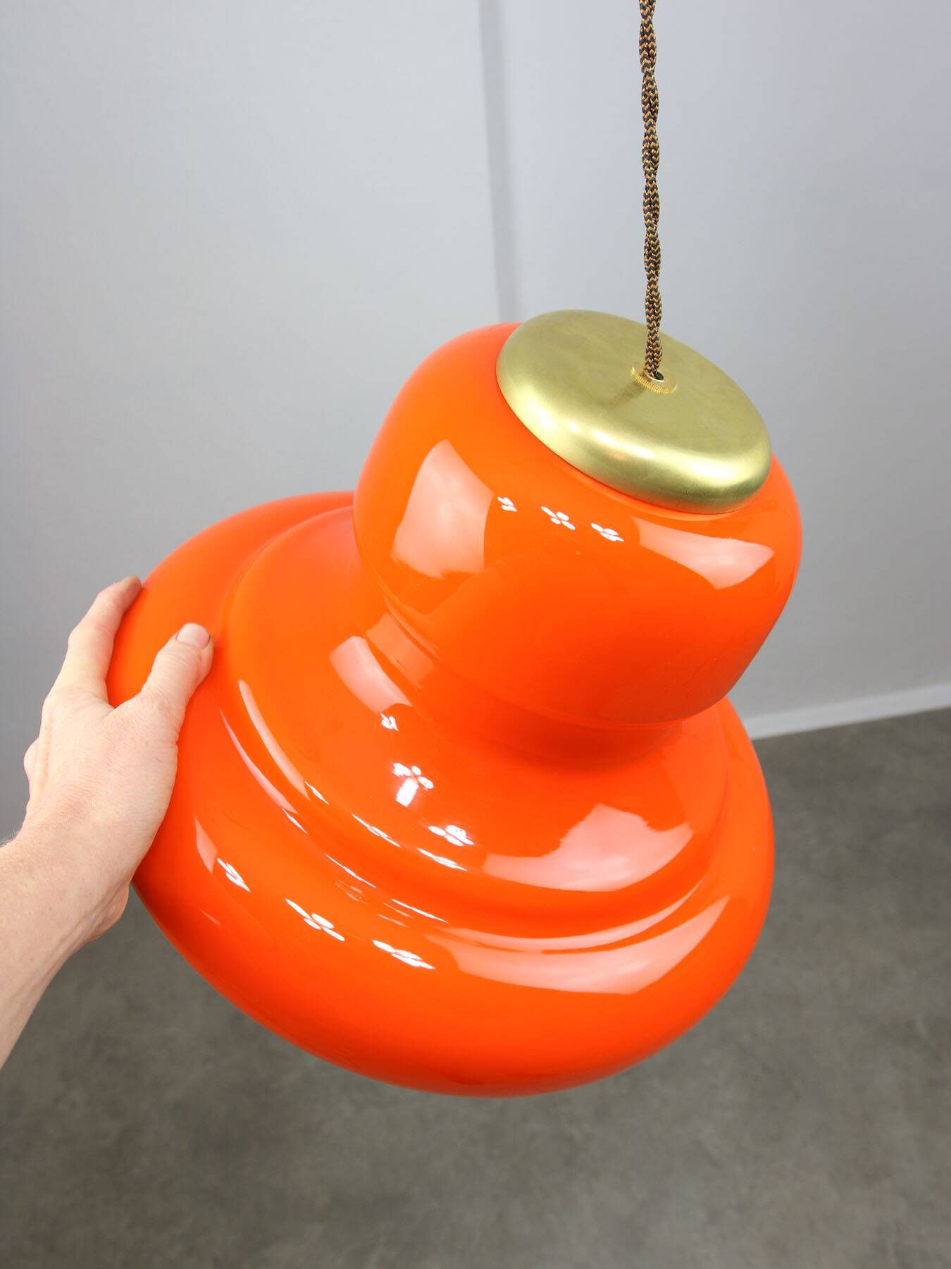 Mid-Century Italian Orange Glass and Brass Pendant Lamp