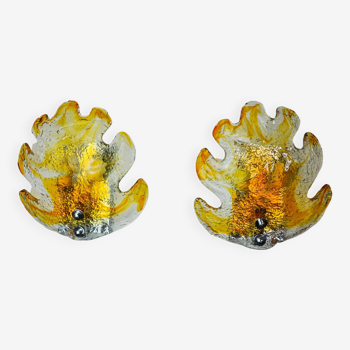 Pair of "leaf" wall lights by Murano Mazzega in orange frosted glass Italy 1970