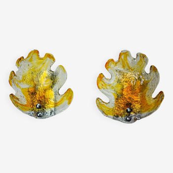 Paire d'appliques "feuille" par Murano Mazzega en verre givré orange Italie 1970