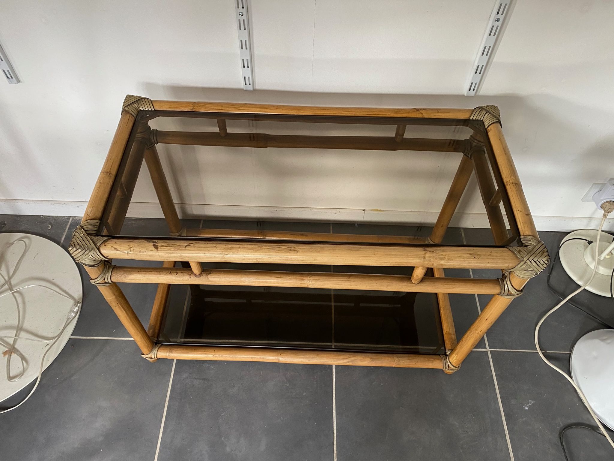 TV storage cabinet in rattan and vintage glass 1950