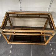 TV storage cabinet in rattan and vintage glass 1950