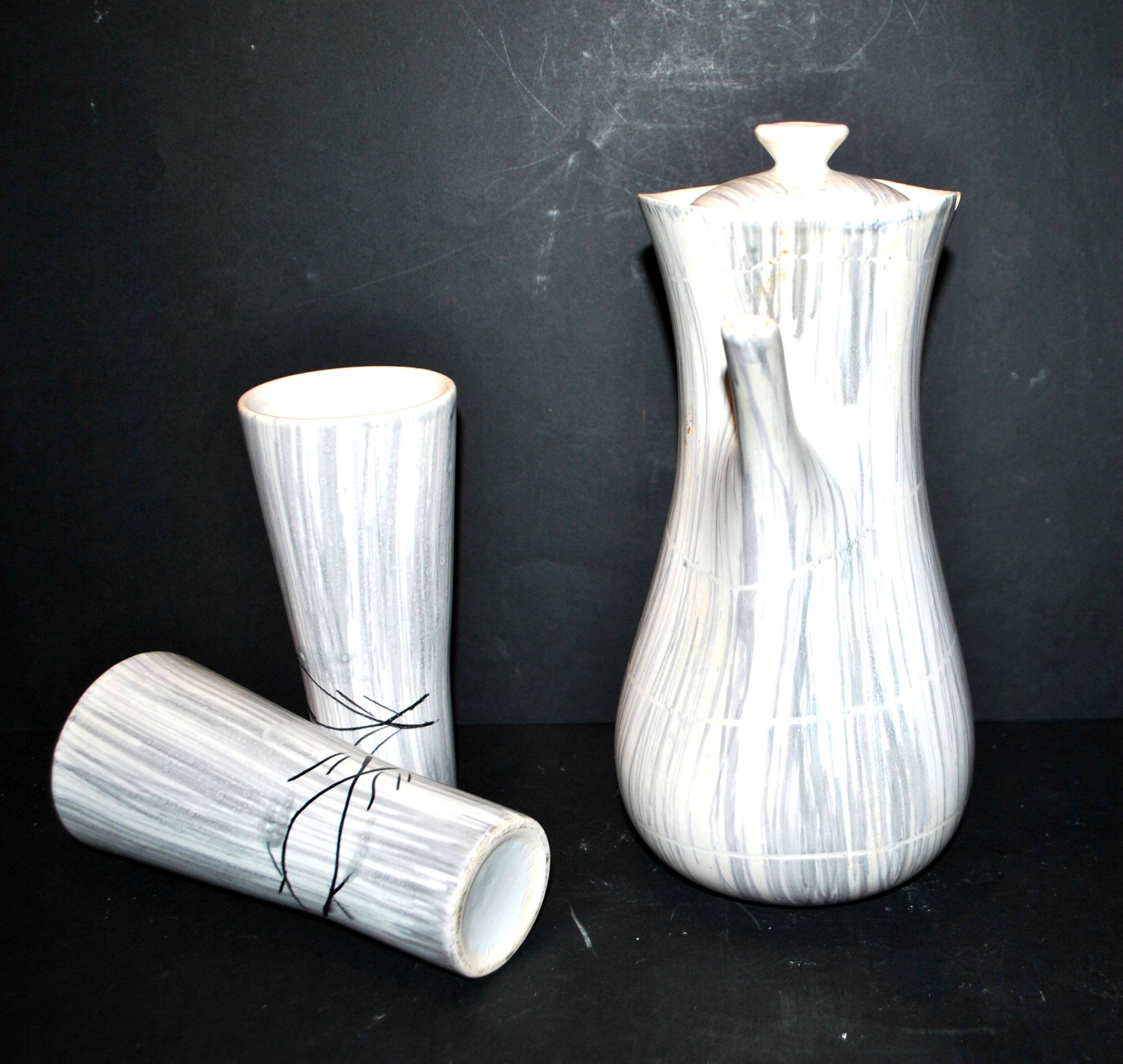 Vintage Niderviller Modernist Ceramic Coffee Pot 1960 with 2 Cups