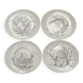 Lot de 4 assiettes vintage décor poissons