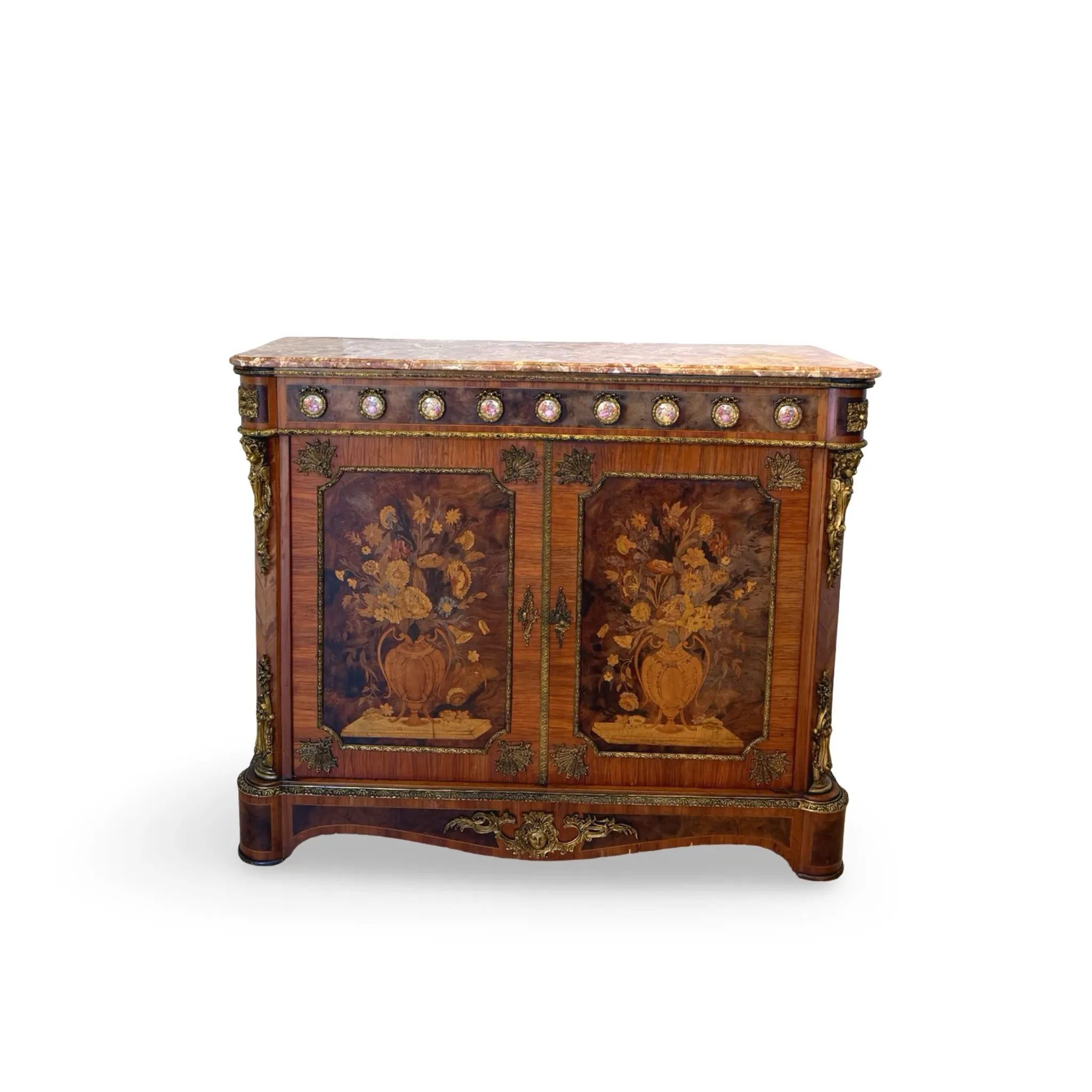 An antique French Louis XVI-style marble-top side cabinet