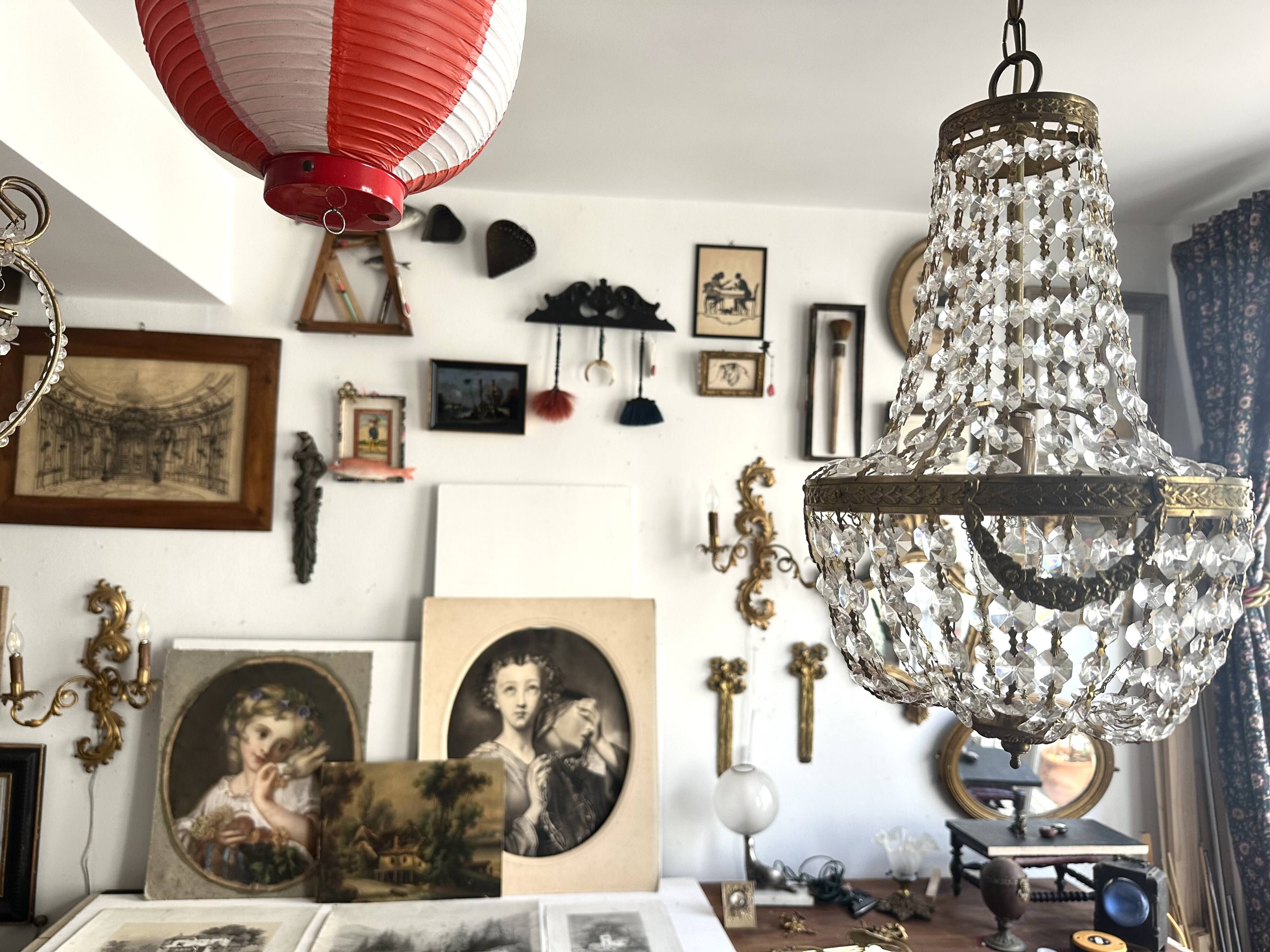 Golden bronze hot air balloon chandelier with glass pendants, mid-20th century.