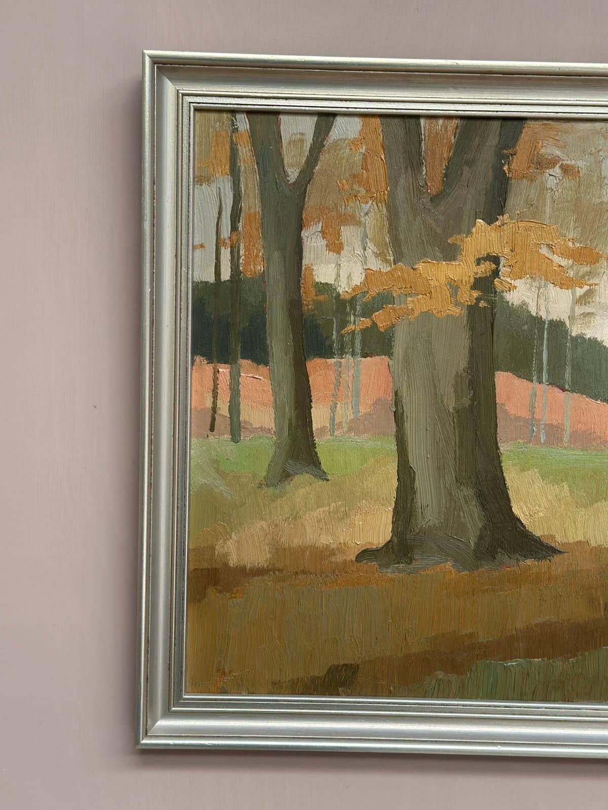 Huile su masonite suédoise du milieu du siècle – « Motif forestier » par Lönnqvist