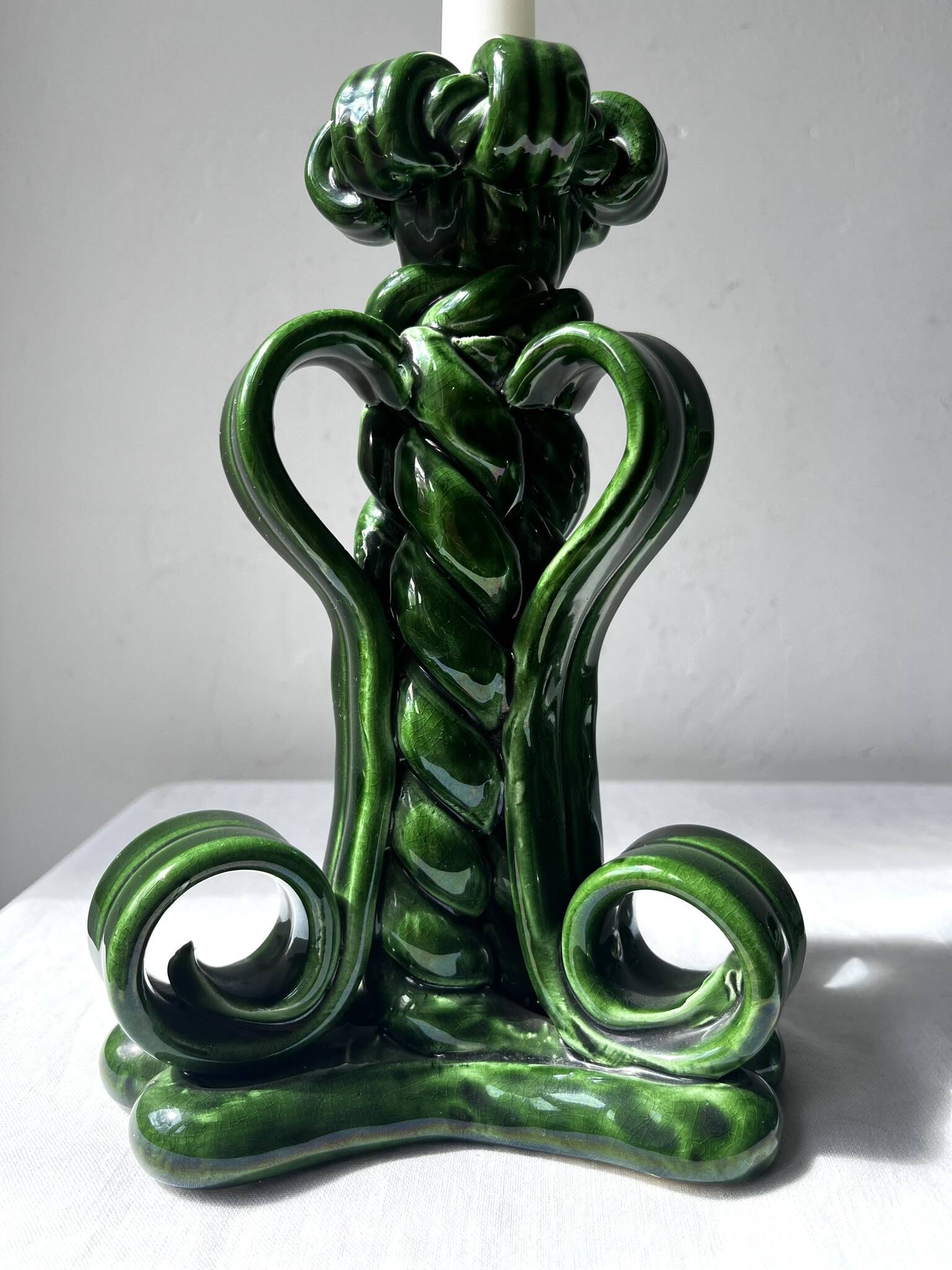 Lot of woven ceramic candle holders in green Vallauris.