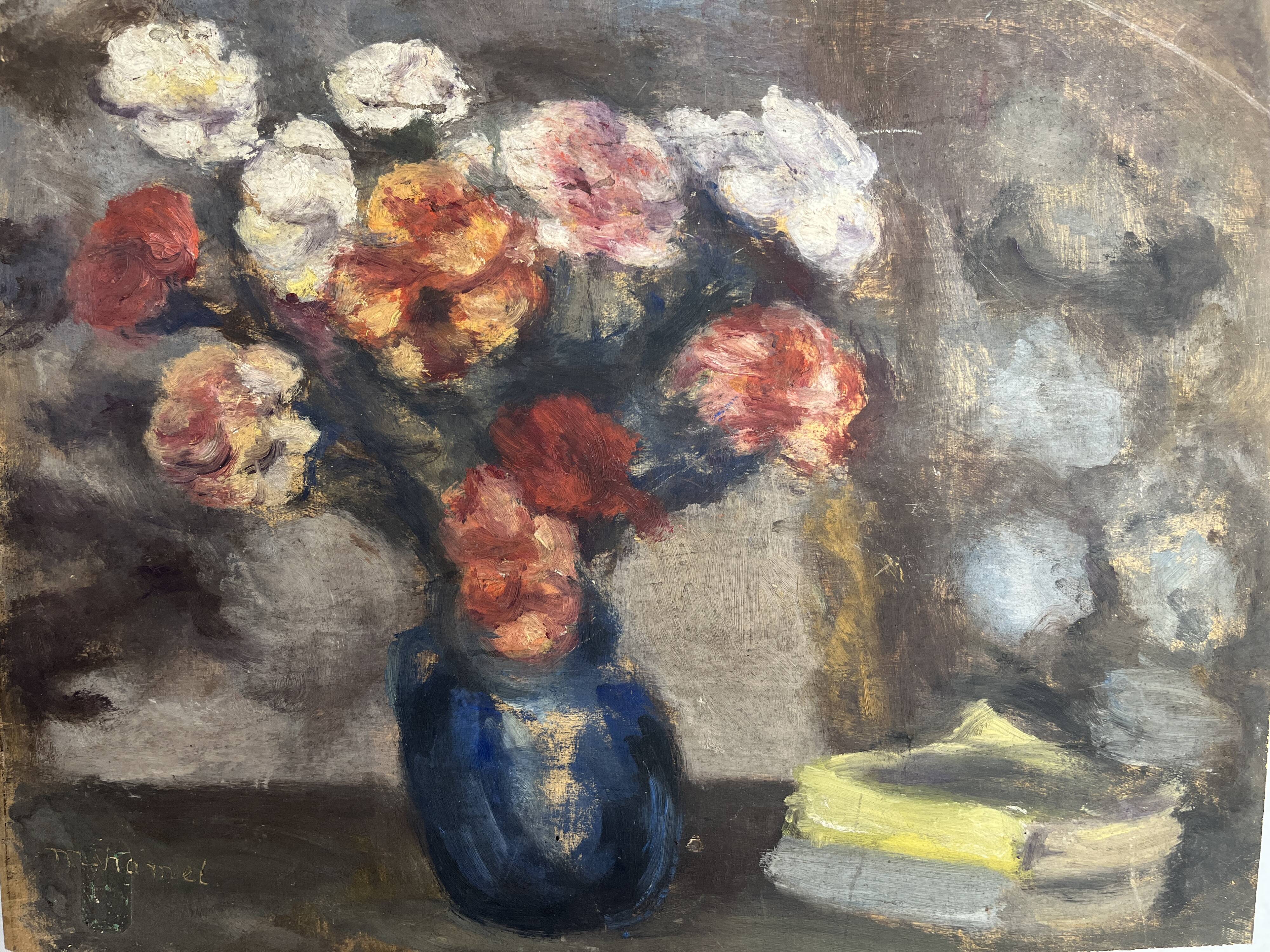 Oil on panel still life bouquet signed early 20th century.