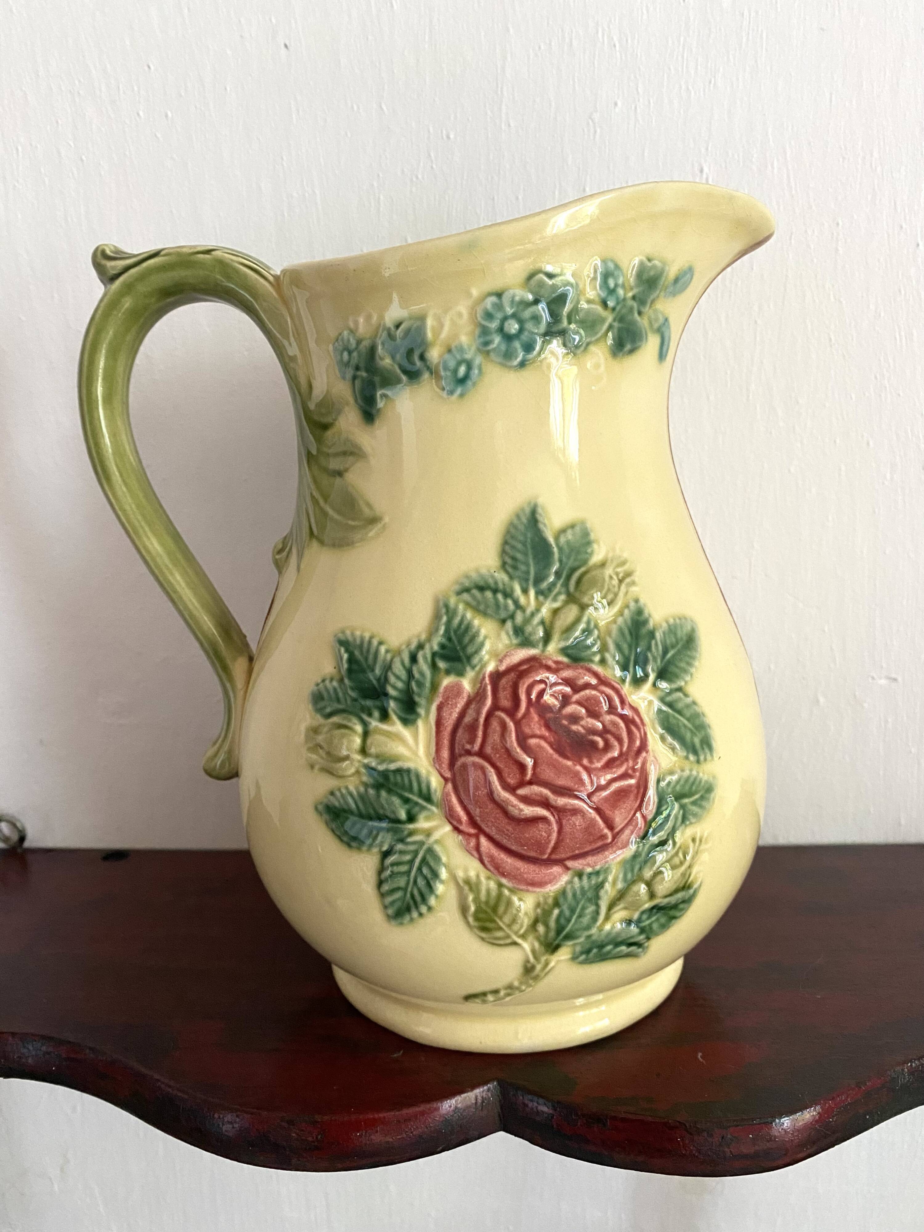 Luneville slip pitcher, Rose decor