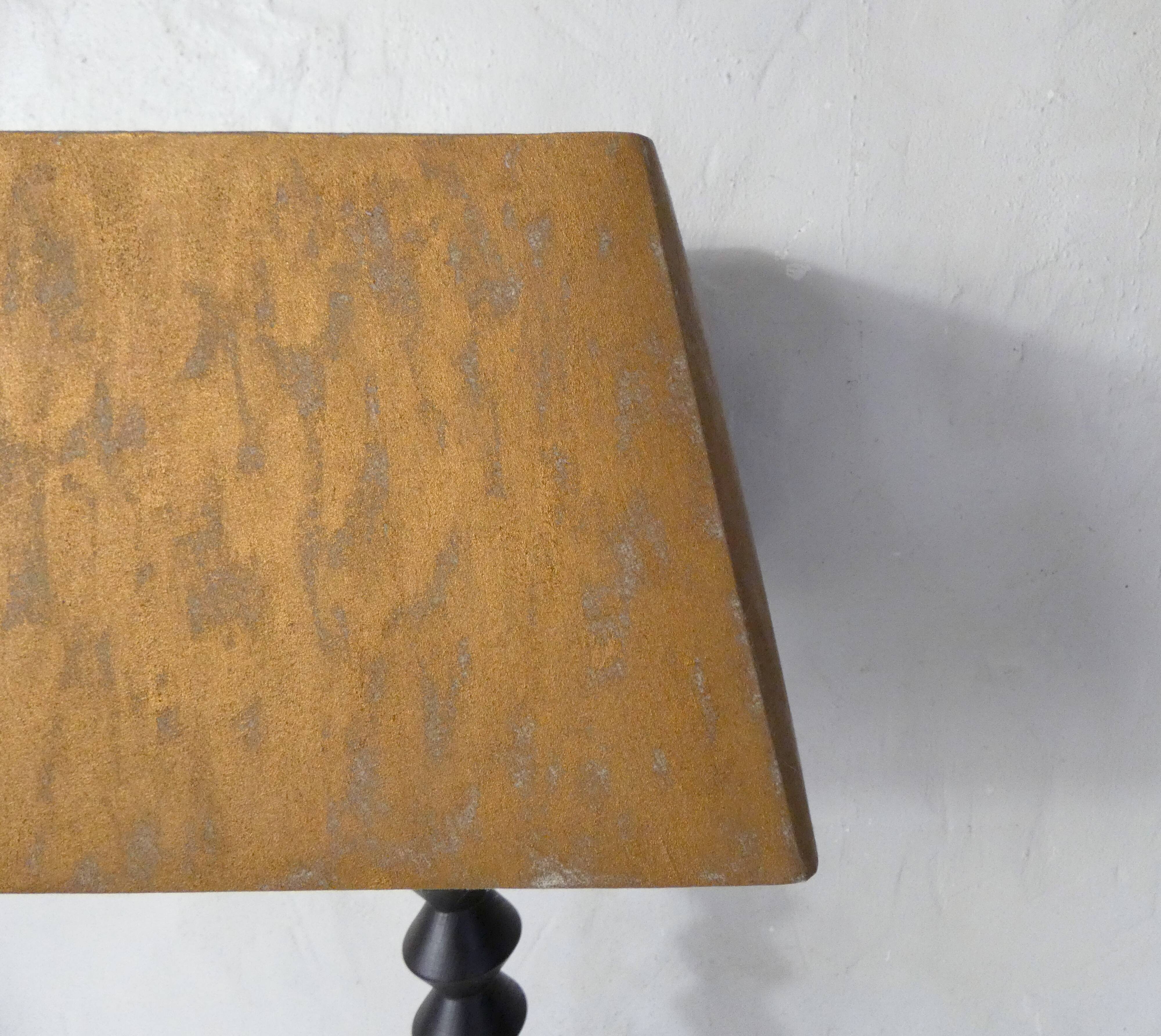 turned wooden lamp with spool base and vintage copper shade