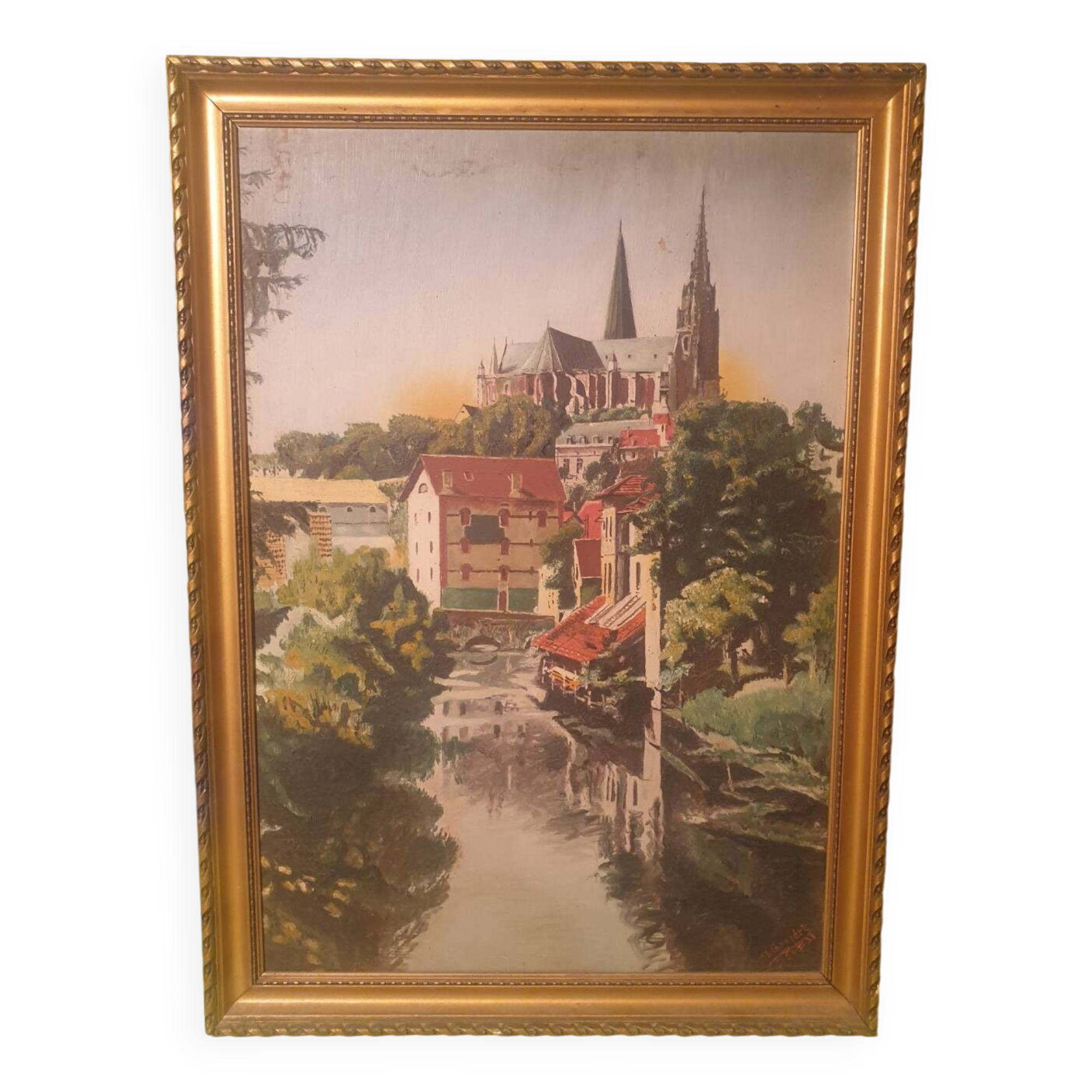 Oil on panel Cathedral landscape framed signed Ch Girardet 38