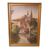 Huile sur panneau Paysage cathédrale encadré signé Ch Girardet 38