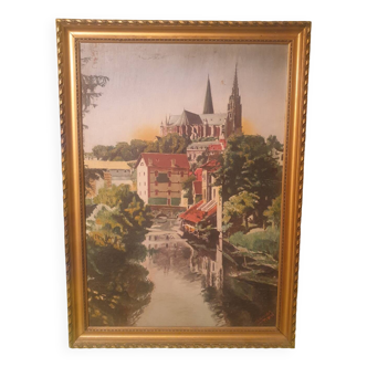 Oil on panel Cathedral landscape framed signed Ch Girardet 38