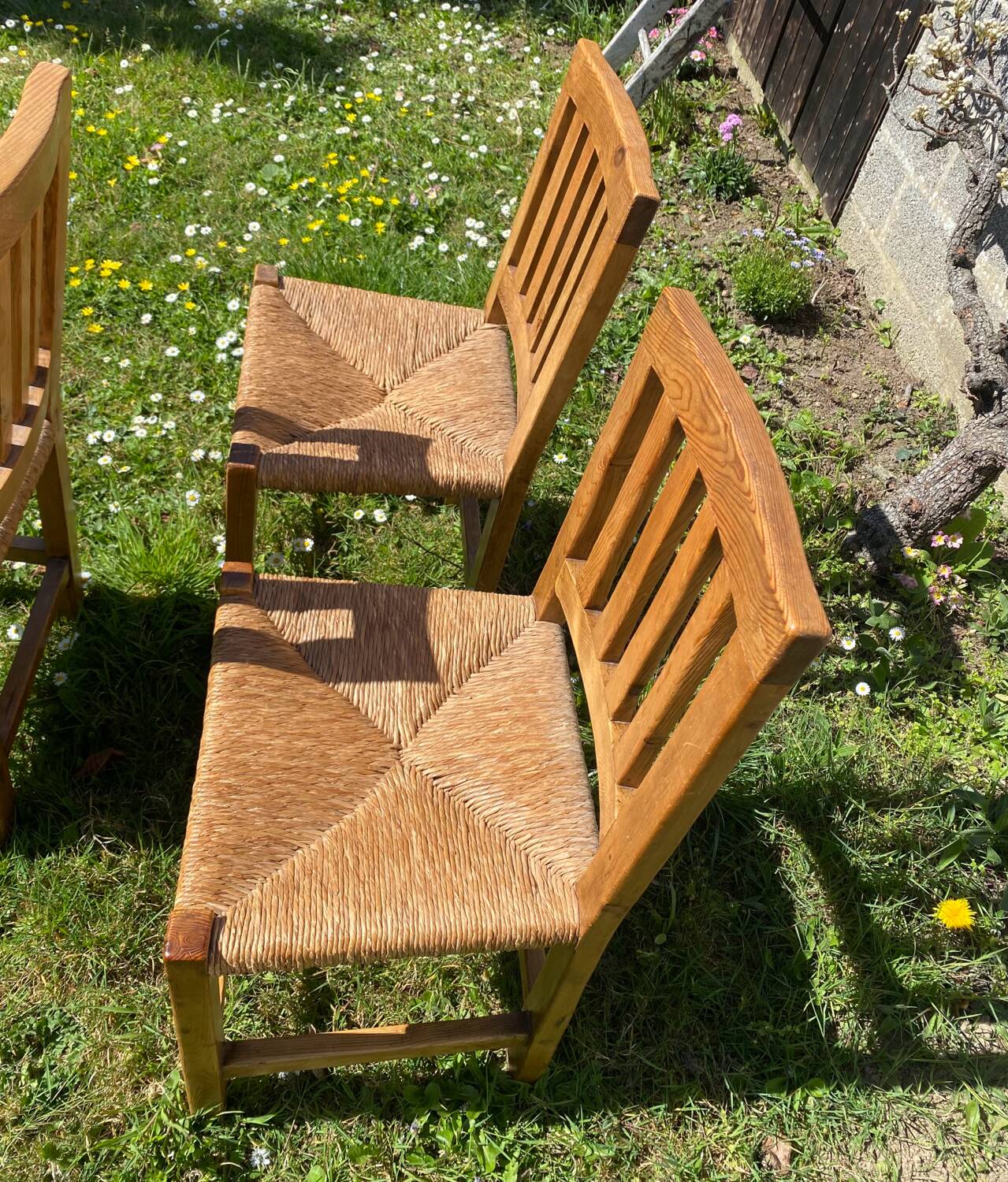 Three brutalist wooden chairs in elm from the 80s.