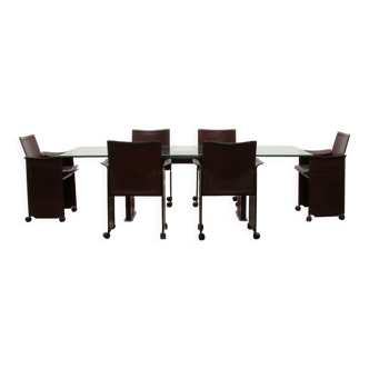 Tito Agnoli for Matteo Grassi leather dining table and six chairs