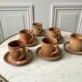 Set of 6 handcrafted stoneware cups and sub-cups 70s