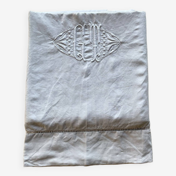 Drap ancien en lin monogramme et broderie main