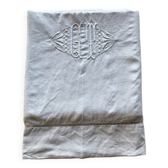 Drap ancien en lin monogramme et broderie main