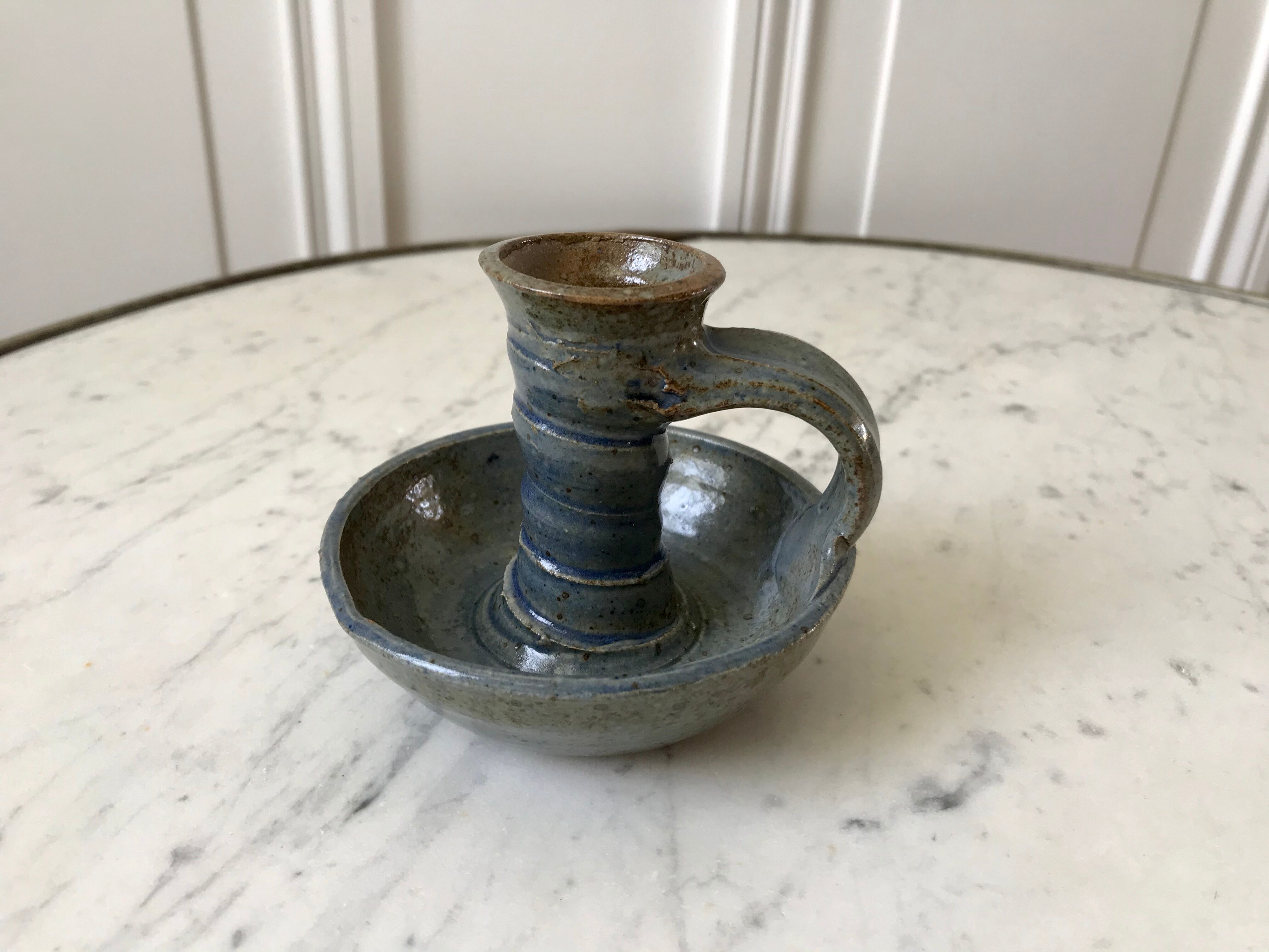 Bougeoir en grès vernissé bleu années 70