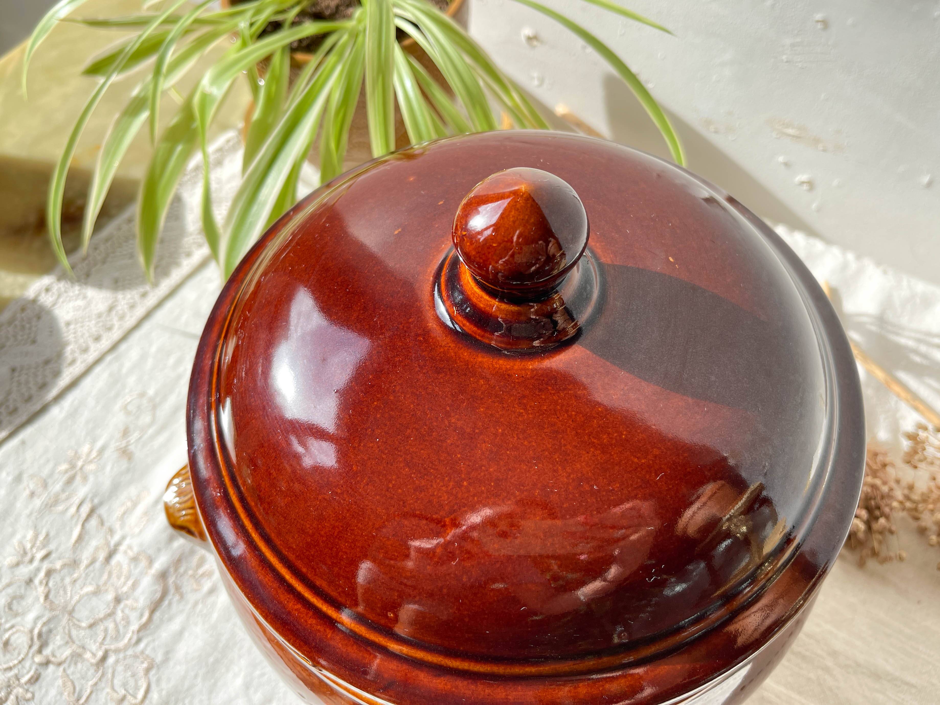 Vintage brown glazed stoneware onion soup tureen