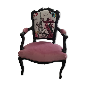 Fauteuil Louis XV rénové et relooké "J'adore Paris"