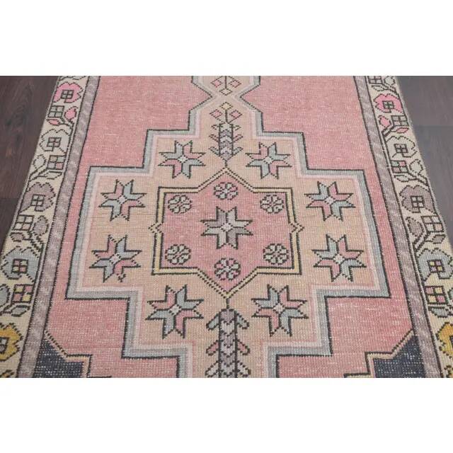 Vintage Turkish Oushak handmade wool cotton pink runner rug 117x254