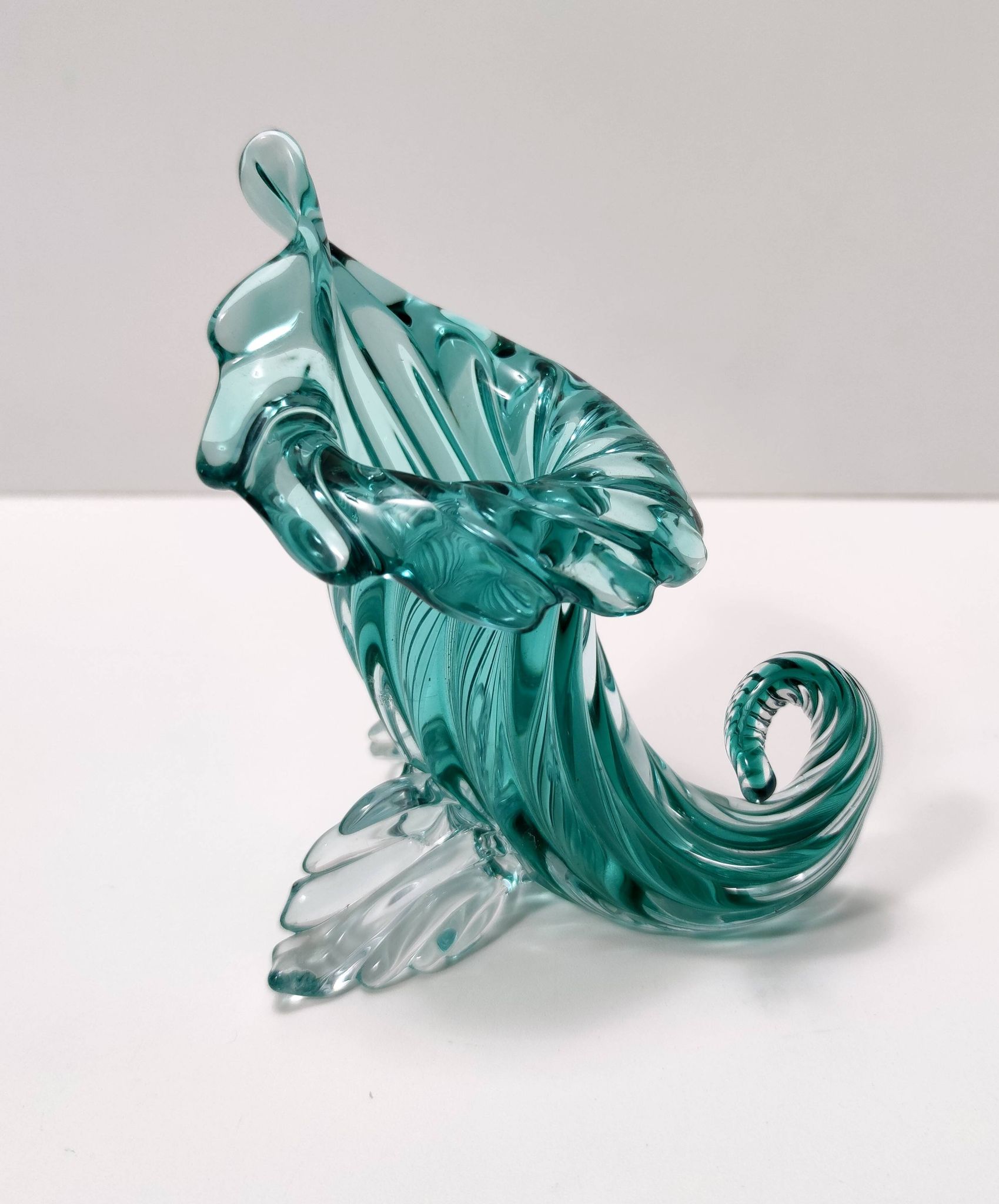 Teal Murano Glass Cornucopia Vase by Archimede Seguso, Italy