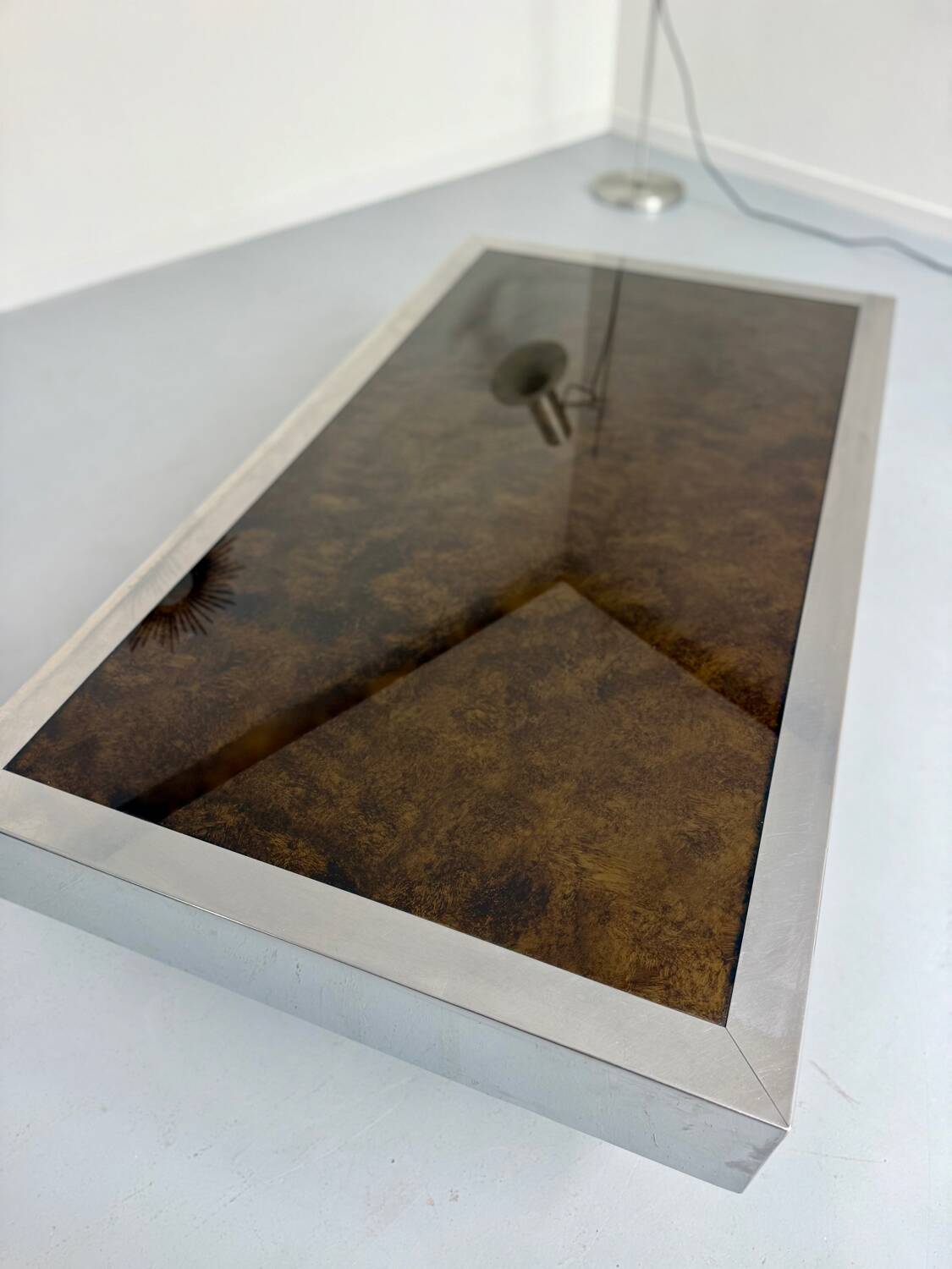 Italian coffee table in chromed metal and vintage brown glass top 70s